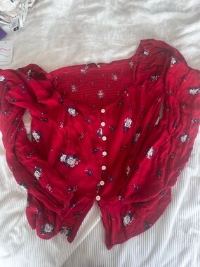 Hollister Red Floral Button-Front Blouse